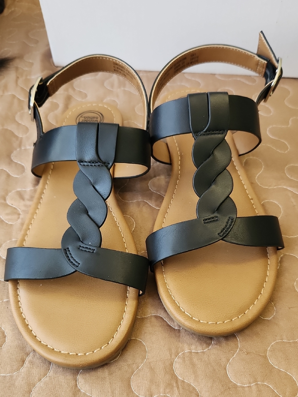 wonder nation Black Braided T-Strap Sandals with Ankle Buckle